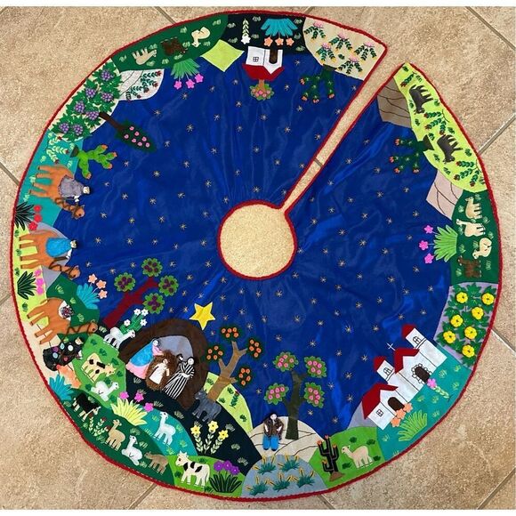 Peru ARPILLERA Patchwork Christmas Nativity Tree Skirt OOAK Peruvian Applique - Picture 1 of 5